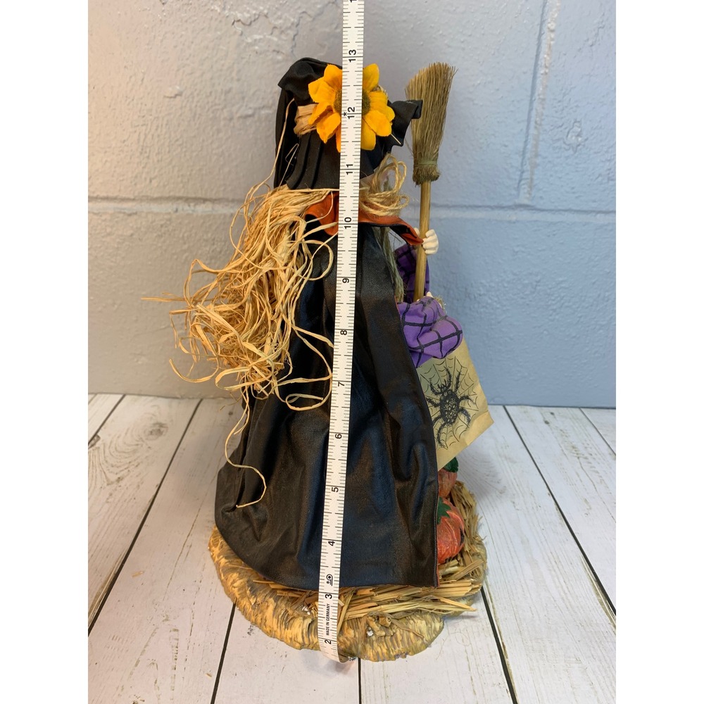 Vintage Halloween Witch Figurine with Broom, Pumpkins, & Spider Bag Decor - Picture 6 of 6